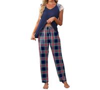 Famulily Womens Pyjamas Set 2 Piece Elegant Lace Cap Sleeve Top and Printed Drawstring Waist Ankle Length Pants with Pockets