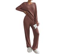 Famulily Womens Pyjamas Set Nightwear, Ladies Ribbed 2 Piece Outfits Loungewear Sets Leisure Suits Homewear V Neck Long Sleeve Jumpers and Wide Leg Trousers with Pockets