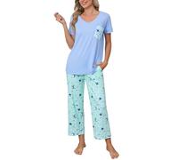 Famulily Womens Pyjamas Sets Soft Short Sleeve V Neck Nightwear Top and Wide Leg Pants Printed Lounge Set Two Piece Summer Outfits Pjs Sky Blue M