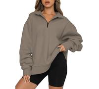 Famulily Women's Relax Fit Pullover Sweatshirt Solid Color Zip Up Fleece Sweaters Jackets Coffee S