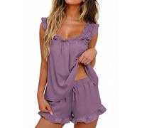 Famulily Womens Ruffle Pyjamas Set Ultra Soft Pjs Flowy Sleeveless Vest & Loose Fit Shorts Summer Co Ord Sets Purple M