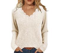Famulily Women's Scalloped V Neck Jumpers Long Sleeve Ribbed Pullover Tops | Stretch Soft Fabric, Vertical Rib Texture Slims Your Figure, Ideal for Layering or Solo Wear