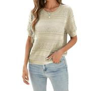 Famulily Womens Summer Boho Crochet Knit See Through Sweaters Tops Casual Short Sleeve Crew Neck Sweater Shirts, Beige, L