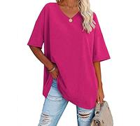 Famulily Women's Summer Casual Half Sleeve T Shirt Ladies Basic Solid Color Tunic Tops V Neck Tshirts Hot Pink XL