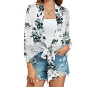 Famulily Womens Summer Chiffon Tie Open Front Cardigans Long Sleeve Floral Prints Sheer Shrug Blouse Tops (S, White Blue)
