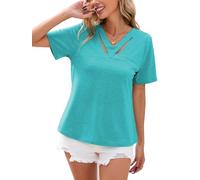 Famulily Women's Summer Comfy Short Sleeve Tee Tops Solid Color Casual Cut-Out V Neck T Shirt (L, Green)