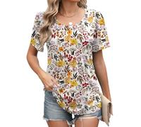 Famulily Womens Summer Loose Tops Casual Front Pleated Crew Neck Printed Tee Shirts (L,Yellow Flower)