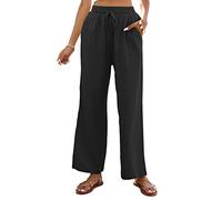 Famulily Women's Summer Loose Trousers Wide Leg Cotton Linen Pants Drawstring Elasticated Waist Trousers with Pockets Black S