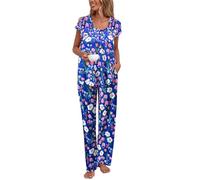 Famulily Womens Summer Pajamas Sets 2 Piece Short Sleeve Matching Pjs Lounge Set Cozy Sleepwear Blue L