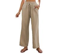 Famulily Women's Summer Trousers Wide Leg Cotton Linen Pants Drawstring Elasticated Waist Loose Trousers Khaki XXL