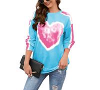 Famulily Women's Tie Dye Sweatshirt Long Sleeves Heart Print Shirt Crew Neck Comfy Top S-2X-Large, Blue, XXL