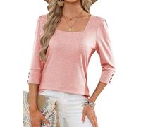 Famulily Women's Tops Three-Quarters Puff Sleeve Tshirt with Buttons Square Neck Tunic Shirts 2026 Summer Outfits (XXL, Pink)