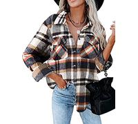 Famulily Women's Turn-Down Collar Long Sleeve Button Down Plaid Flannel Casual Shirts Women's Woolen Blouse Shirt Jacket Gray S