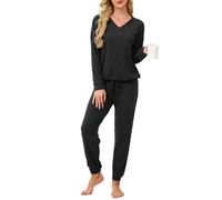 Famulily Women's Ultra Soft Pyjamas Set Long Sleeve Drop Shoulder Tops and Full Length Pants Tracksuit Outfits Black M