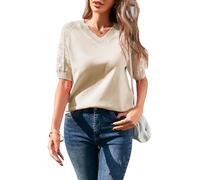 Famulily Women's V Neck Hollow Out Short Sleeve Pullover Shirts Spring Summer Lightweight Knit Sweater Blouses (L, Beige)