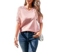 Famulily Women's V Neck Hollow Out Short Sleeve Pullover Shirts Spring Summer Lightweight Knit Sweater Blouses (L, Pink)