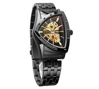 FAMVNTN Skeleton Watches for Men, Automatic Mechanical Watch with Triangle Dial, Luminous Self Winding Watches Soft Silicone Strap, Black-L, Modern, Retro