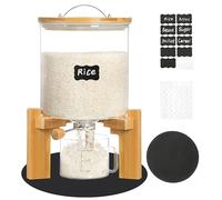 Famyards 8-10 lbs Glass Rice Dispenser with Wooden Stand Flour and Cereal Container with Glass Measuring Cup & Labels & Slider mat Pantry Food Organization Storage Bin with Airtight Bamboo Lid, 5L