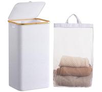 Famyards Laundry Hamper with Lid, 100L Large Laundry Basket with Bamboo Handles and Removable Inner Bag, Collapsible Dirty Clothes Hamper Laundry Bin for Bathroom, Bedroom, Dorm Laundry Room(White)