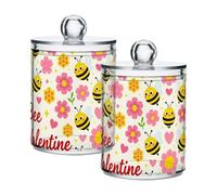 famyily Bee My Valentine Cute Romantic Clear Plastic Food Organizer Storage with lid Dresser Essentials Decorative storage bin for Cotton Swabs,Cotton Pads,Floss Picks,Paper Clips,Hair Clips 2 Pack