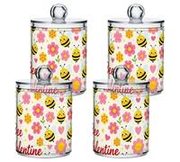 famyily Bee My Valentine Cute Romantic Clear Plastic Food Organizer Storage with lid Dresser Essentials Decorative storage bin for Cotton Swabs,Cotton Pads,Floss Picks,Paper Clips,Hair Clips 4 Pack