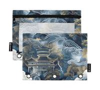 famyily Blue and Gold Smoke Wreathed Landscape Large Zipper with Clear Window Zippered Pencil case Clear Window & Grommets 3 Rings Pencil case School Class Office Organizers Multicolored 2