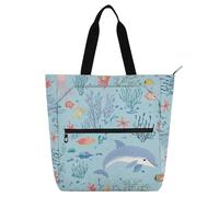 famyily Blue Dolphin Books Totes Book Bag for Boys Girls Adults Waterproof Girls Resuable Shopping Bag Handbag with Zipper for School Shopping Travel Rainbow