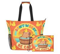 famyily Capibara Don't Worry Be Capy Sturdy Large Work Tote with Zipper and Mesh Pockets, 2 PCS Weekender Travel Bag for Swim Pool, Cruise Beach Vacation