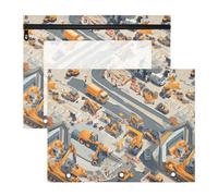 famyily Cosmetic Bag Clear Plastic File Folder for A4 Paper Letter 2 Pack Students School Supplies Construction Scene Building Bridges Loader Road Roller