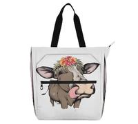 famyily Cow Flower Brown Children's Book Tote Bag for Boys Girls Women Sturdy Library Shoulder Bag Handbag with Zipper for College Shopping Beach Rainbow