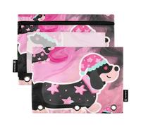 famyily Cute Cartoon Dachshund in A Nightcap Zipper Binder with Clear Window Pencil Bag in Assorted Colors Binder 3 Rings for Storing School Office Supplies Multicolored 2 PCS