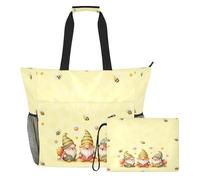 famyily Cute Gnomes Bees Yellow Portable Beach Bag Tote with Zipper and Mesh Pockets, 2 PCS Weekender Travel Bag for Swim Pool, Cruise Beach Vacation