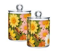 famyily Honey Bees Bumble Bees Clear Plastic Food Organizer Storage with lid Dresser Essentials Decorative storage bin for Cotton Swabs,Cotton Pads,Floss Picks,Paper Clips,Hair Clips 2 Pack