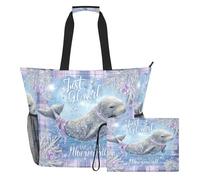 famyily Just A Girl Who Loves Narwhal Sturdy Large Work Tote with Zipper and Mesh Pockets, 2 PCS Weekender Travel Bag for Swim Pool, Cruise Beach Vacation