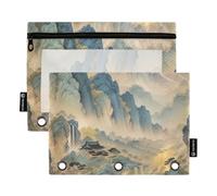 famyily Landscape Poetry Binder Pouches 3 Rings with Zipper with Clear Window Color Pencil case Large and Sturdy 3 Rings Binder for School, Office & Home Multicolored 2 PCS