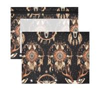 famyily Pencil Box With Smooth Zippers 3 Hole Pocket for A4 Paper Letter 2 Pack Students Home Western Dream Catchers Deer Skulls Black