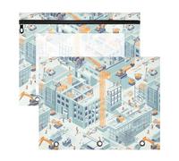 famyily Pencil Case Sturdy 3 Hole Pocket for A4 Paper Letter 2 Pack Students College Supplies Construction Scene Build Tall Buildings Excavator Grader