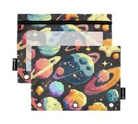 famyily Pixel Style Cosmic Planet Rings Binder with Clear Window Zippered Pencil Bag in Assorted Colors 3 Rings Zipper Binder for Storing School Office Supplies Multicolored 2 PCS
