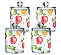 famyily Serviceberry Fruit White Clear Plastic storage container with lid Pantry Essentials Decorative Dental floss storage jar for Cotton Swabs,Cotton Pads,Floss Picks,Paper Clips,Hair Clips 4 Pack