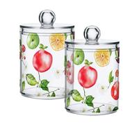 famyily Serviceberry Fruit White Clear Plastic storage container with lid Pantry Essentials Decorative Dental floss storage jar for Cotton Swabs,Cotton Pads,Floss Picks,Paper Clips,Hair Clips 2 Pack