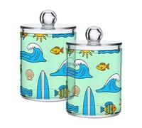 famyily Summer Beach Waves Clear Plastic storage boxes with lid Pantry Essentials Decorative storage bins for Cotton Swabs,Cotton Pads,Floss Picks,Paper Clips,Hair Clips 2 Pack