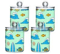 famyily Summer Beach Waves Clear Plastic storage boxes with lid Pantry Essentials Decorative storage bins for Cotton Swabs,Cotton Pads,Floss Picks,Paper Clips,Hair Clips 4 Pack