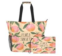famyily Summer Peach Sunsets Sturdy Beach Bag Tote with Zipper and Mesh Pockets, 2 PCS Weekender Overnight for Toys, Towels, Travel, Cruise
