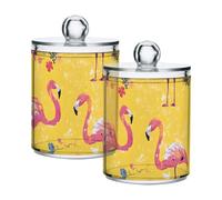 famyily Sweet Flamingo Yellow Clear Plastic Storage Container Jars with lid Dresser Essentials Decorative small storage bins for Cotton Swabs,Cotton Pads,Floss Picks,Paper Clips,Hair Clips 2 Pack