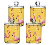 famyily Sweet Flamingo Yellow Clear Plastic Storage Container Jars with lid Dresser Essentials Decorative small storage bins for Cotton Swabs,Cotton Pads,Floss Picks,Paper Clips,Hair Clips 4 Pack