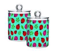 famyily Sweet Little Ladybugs Pattern Clear Plastic storage boxes with lid Dresser Essentials Decorative storage bins for Cotton Swabs,Cotton Pads,Floss Picks,Paper Clips,Hair Clips 2 Pack