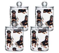 famyily Sweet Rottweiler Dogs White Clear Plastic Makeup Organizer Storage with lid Bathroom Essentials Decorative storage bin for Cotton Swabs,Cotton Pads,Floss Picks,Paper Clips,Hair Clips 4 Pack