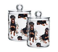 famyily Sweet Rottweiler Dogs White Clear Plastic Makeup Organizer Storage with lid Bathroom Essentials Decorative storage bin for Cotton Swabs,Cotton Pads,Floss Picks,Paper Clips,Hair Clips 2 Pack