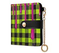 famyily Trendy Ladies Lightweight Foldable Wallet Portable Compact PU Leather Wallet for Men Women Travel- Graffiti Lime Green Plaid