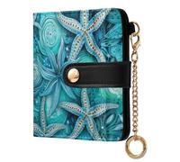 famyily Trendy Women's Compact Folding Wallet Fancy Compact PU Leather Wallet for Women Girls- Submarine Coral starfishes Blue